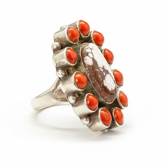 Cluster Ring With Wild Horse Oval & Coral Bezel, Adjustable by Peterson Johnson - Turquoise Mustang
