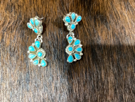 Earrings, Turquoise, half - round Cluster drop on 4 - stone Cluster Stud, Navajo - Turquoise Mustang