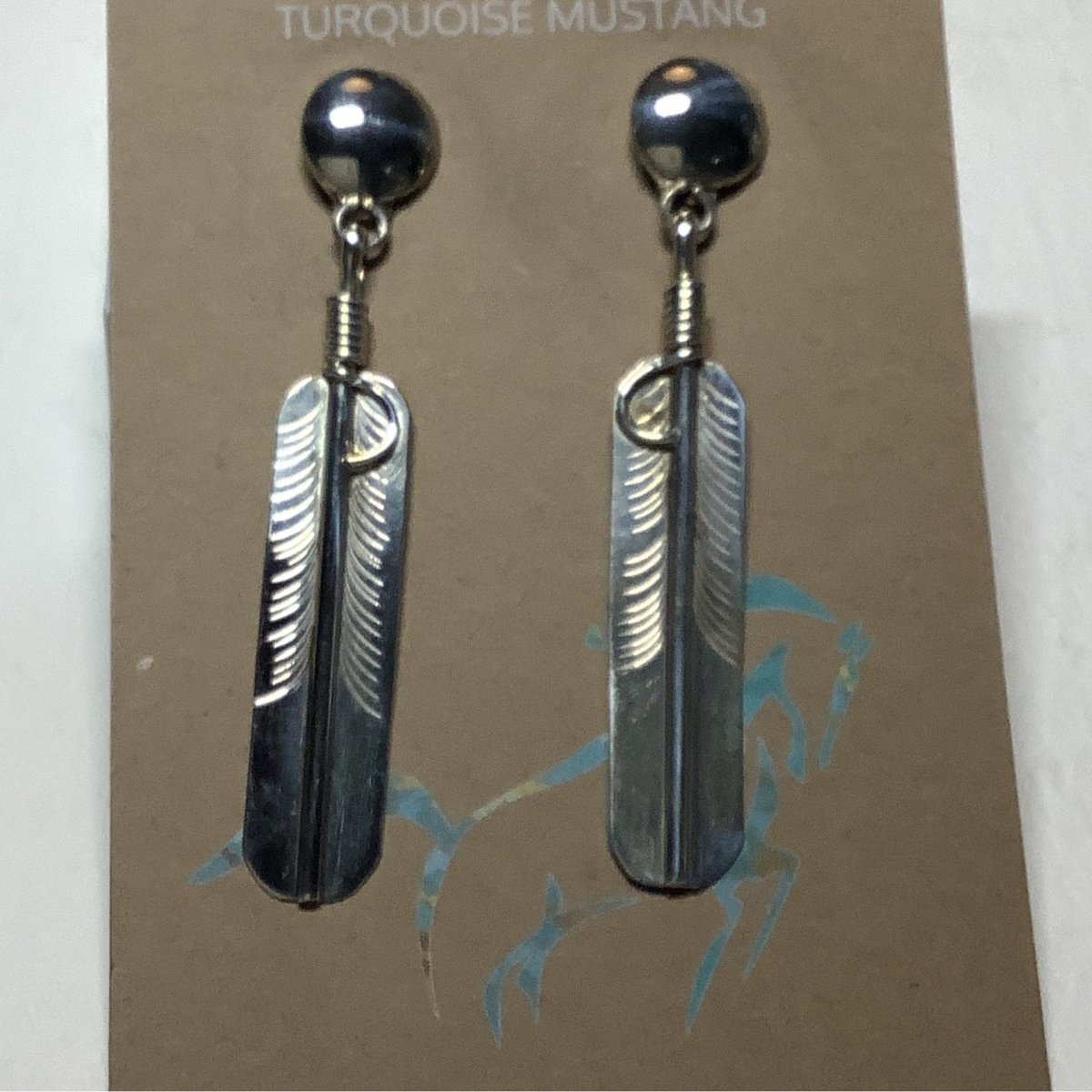 Earring, Lapis, oval posts, feathers, Etta Larry - Turquoise Mustang