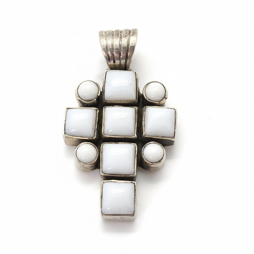White Jade Cluster Cross Pendant with Cushion Round Stones in Sterling Silver, Dan Dodson - Turquoise Mustang