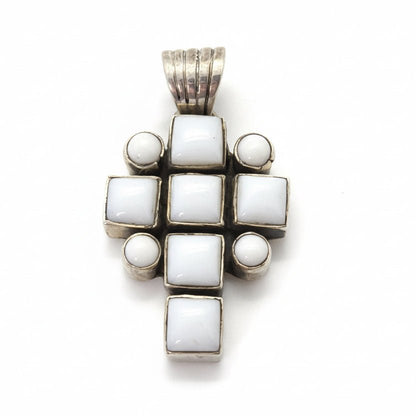 White Jade Cluster Cross Pendant with Cushion Round Stones in Sterling Silver, Dan Dodson - Turquoise Mustang