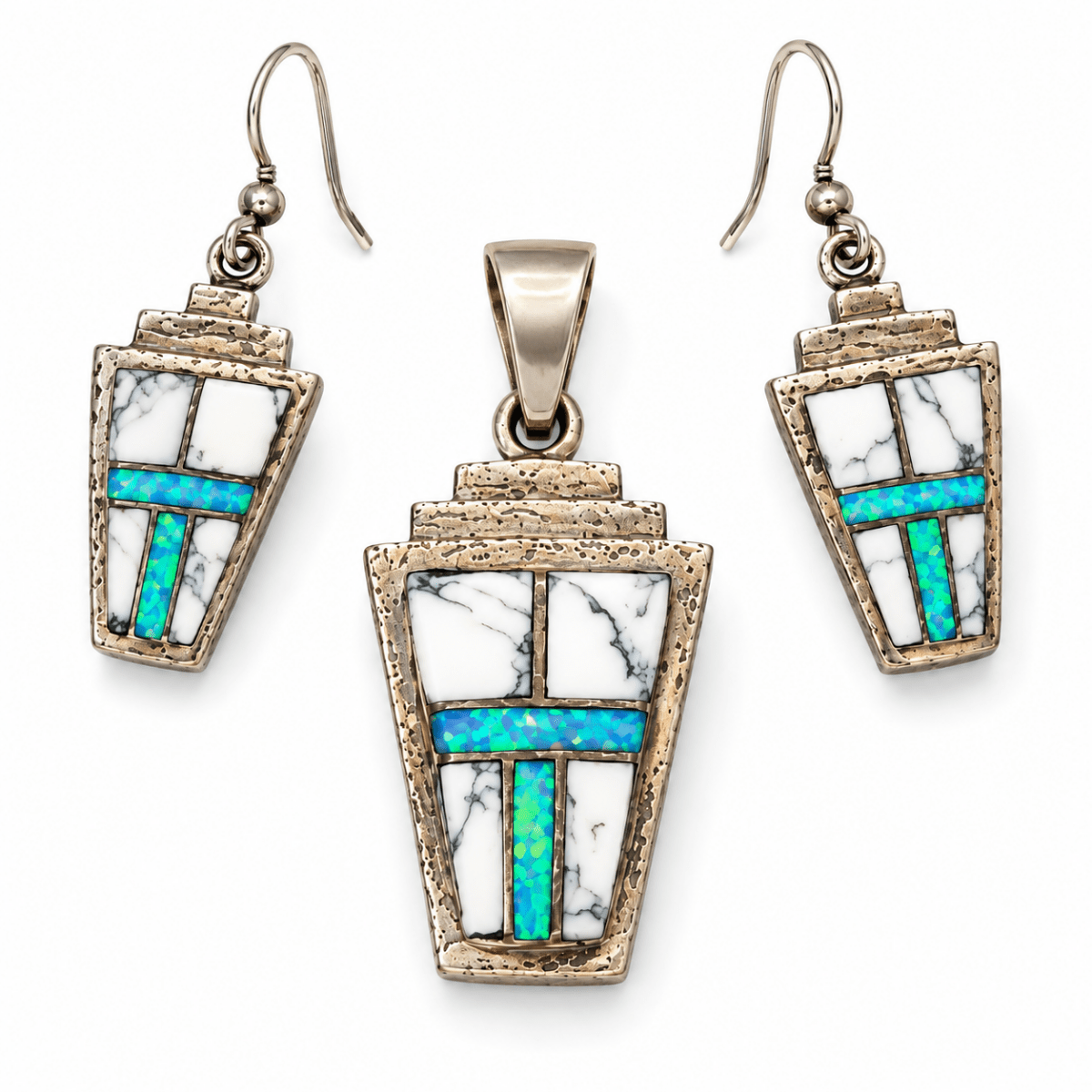 White Buffalo & Blue Opal Sterling Silver Pendant and Earring Set - Turquoise Mustang