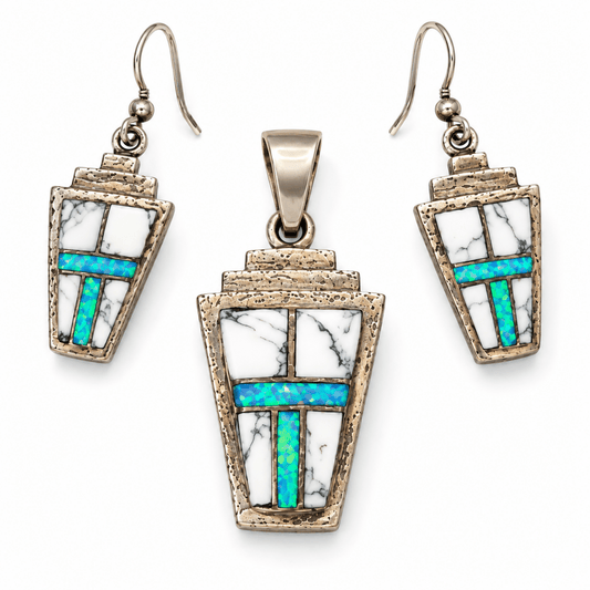 White Buffalo & Blue Opal Sterling Silver Pendant and Earring Set - Turquoise Mustang
