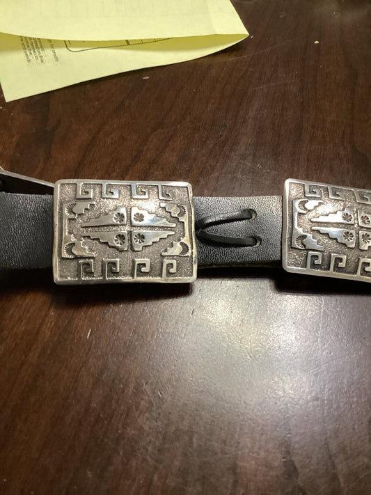 Concho belt, all silver tufa cast and stamped concho, Sandoval - Turquoise Mustang