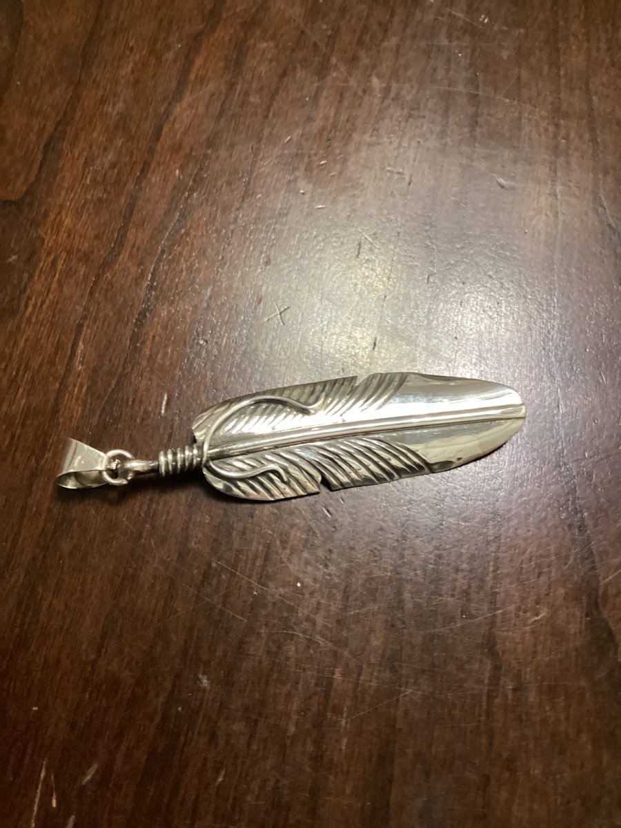 All - Silver Dimensional Feather Pendant in Heavy Sterling - Turquoise Mustang