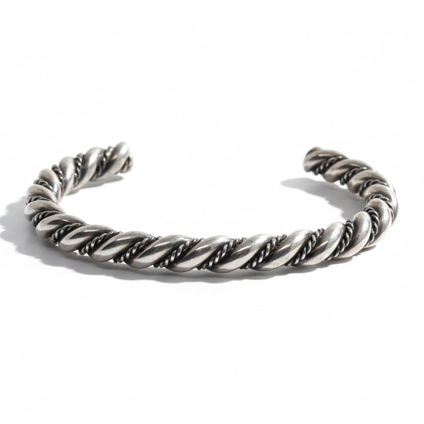 All - Sterling Twisted Three - Wire Cuff Bracelet with Fine Rope and Heavy Wire Detail, Tahe - Turquoise Mustang
