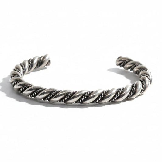 All - Sterling Twisted Three - Wire Cuff Bracelet with Fine Rope and Heavy Wire Detail, Tahe - Turquoise Mustang