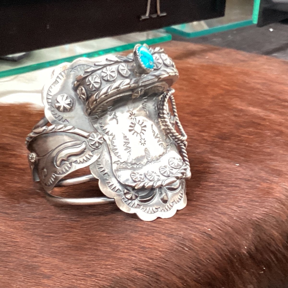 Bracelet, saddle cuff w turquoise, Tim Yazzie - Turquoise Mustang