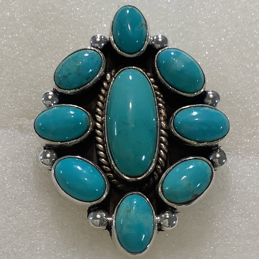 Ring, Turquoise, Narrow oval Center with 8 oval stone cluster, DD (1) - Turquoise Mustang
