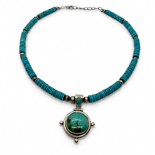17” Turquoise Rondelle Necklace with & Turquoise and Sterling Statement Pendant Necklace, by Turquoise Mustang - Turquoise Mustang