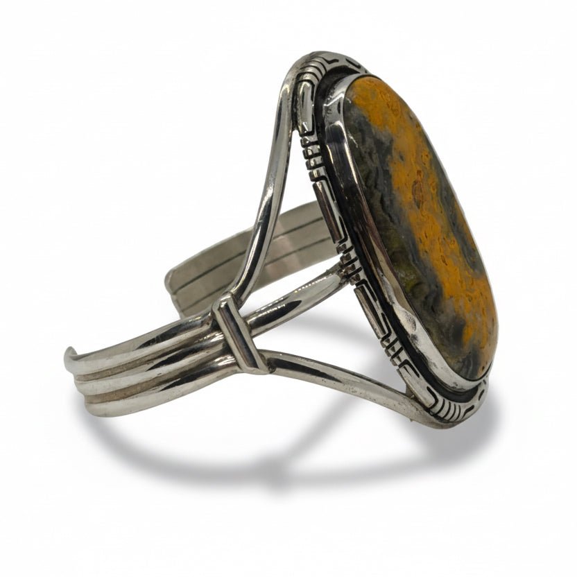 Elegant Hallmarked Sterling Silver Cuff with Large Oval Bumblebee Jasper Stone - Turquoise Mustang