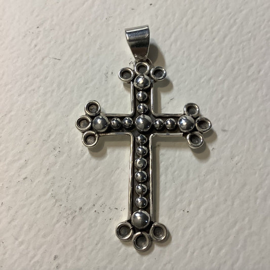 Pendant, Cross, All Silver, Spanish style with Raindrop applique, DD - Turquoise Mustang