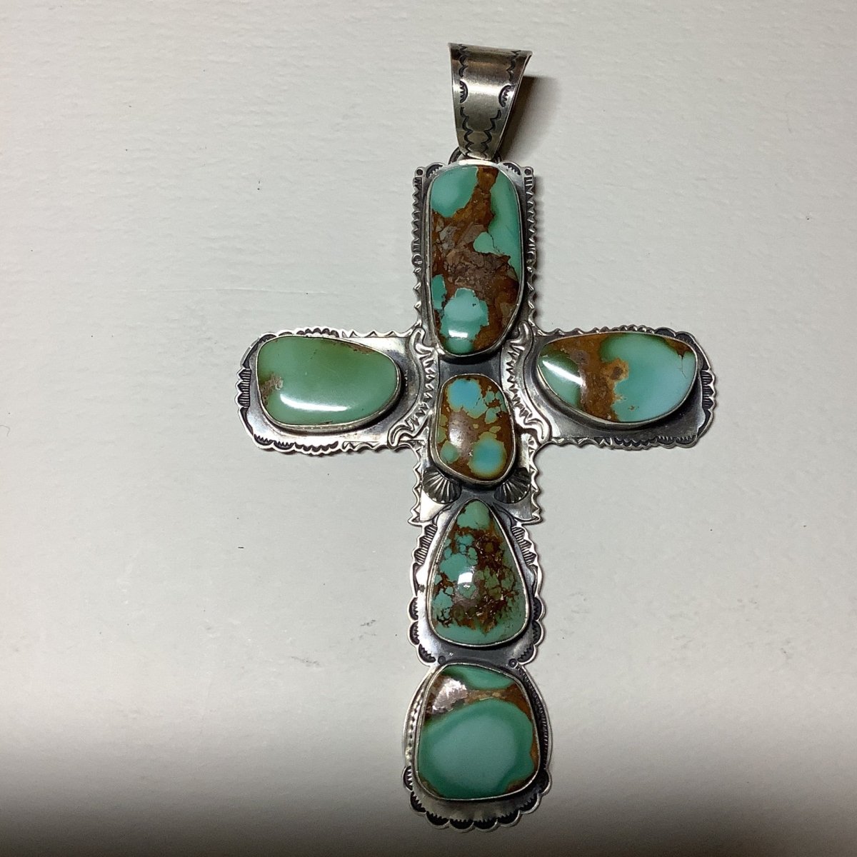 Pendant, Cross, Repousee, 6 - Stone Royston, 180 ct, Roland Dixson - Turquoise Mustang