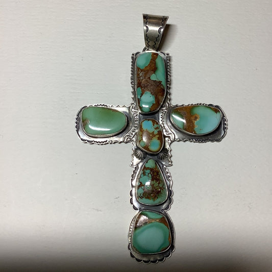 Pendant, Cross, Repousee, 6 - Stone Royston, 180 ct, Roland Dixson - Turquoise Mustang