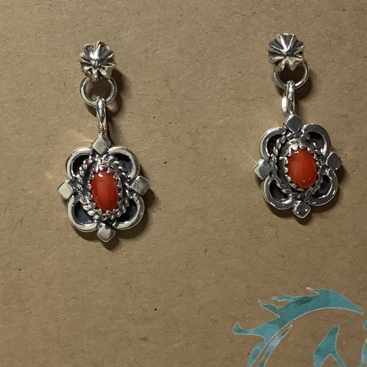 Earring, small oval coral drops, unknown (1) - Turquoise Mustang