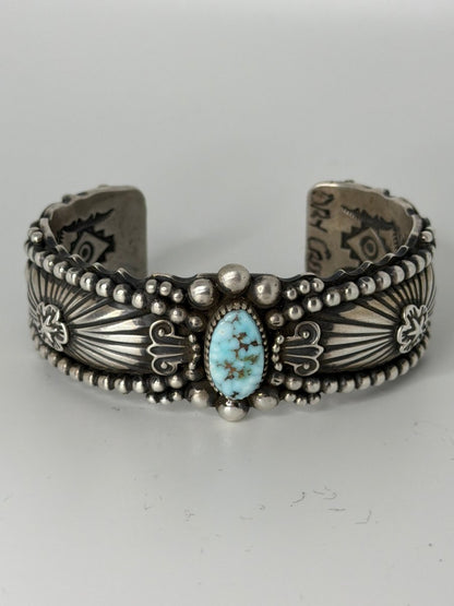 Dry Creek Turquoise Oval Cuff Bracelet with Heavy Stampwork & Overlay, Darryl Gordon - Turquoise Mustang