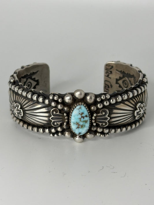 Dry Creek Turquoise Oval Cuff Bracelet with Heavy Stampwork & Overlay, Darryl Gordon - Turquoise Mustang
