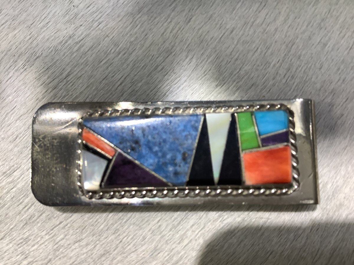 Money Clip, Navajo, inlay style abstract, Yellowhorse - Turquoise Mustang