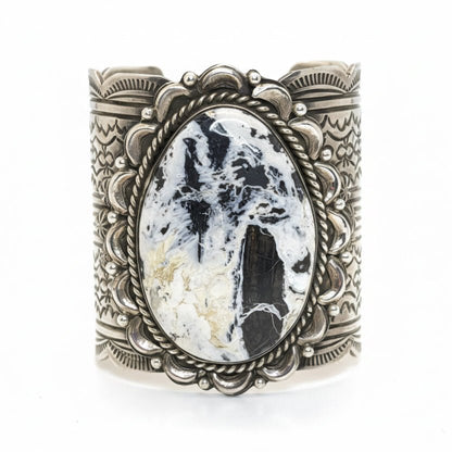 Extra Wide White Buffalo Oval Sterling Silver Cuff Bracelet — Heavy Gauge — Chris Yazzie - Turquoise Mustang