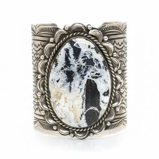 Extra Wide White Buffalo Oval Sterling Silver Cuff Bracelet — Heavy Gauge — Chris Yazzie - Turquoise Mustang