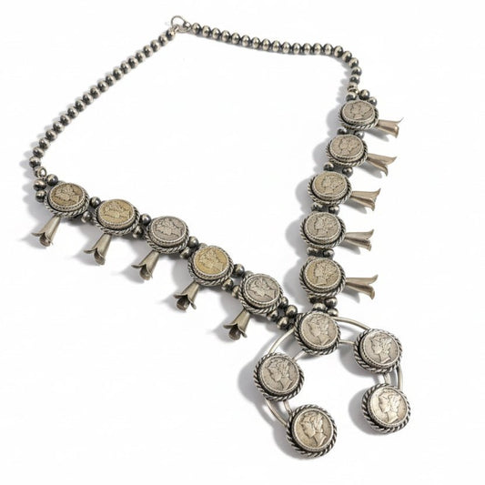 24.5” Mercury Dime Squash Blossom Necklace - Turquoise Mustang