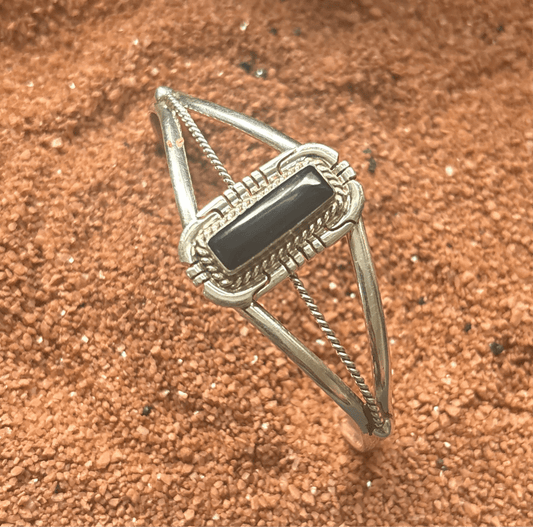 Dainty Sterling Silver Cuff with Single Rectangular Onyx Stone - Turquoise Mustang