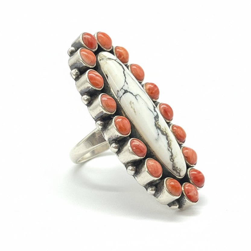 White Buffalo and Red Spiny Oyster Cluster Ring, Peterson Johnson - Turquoise Mustang