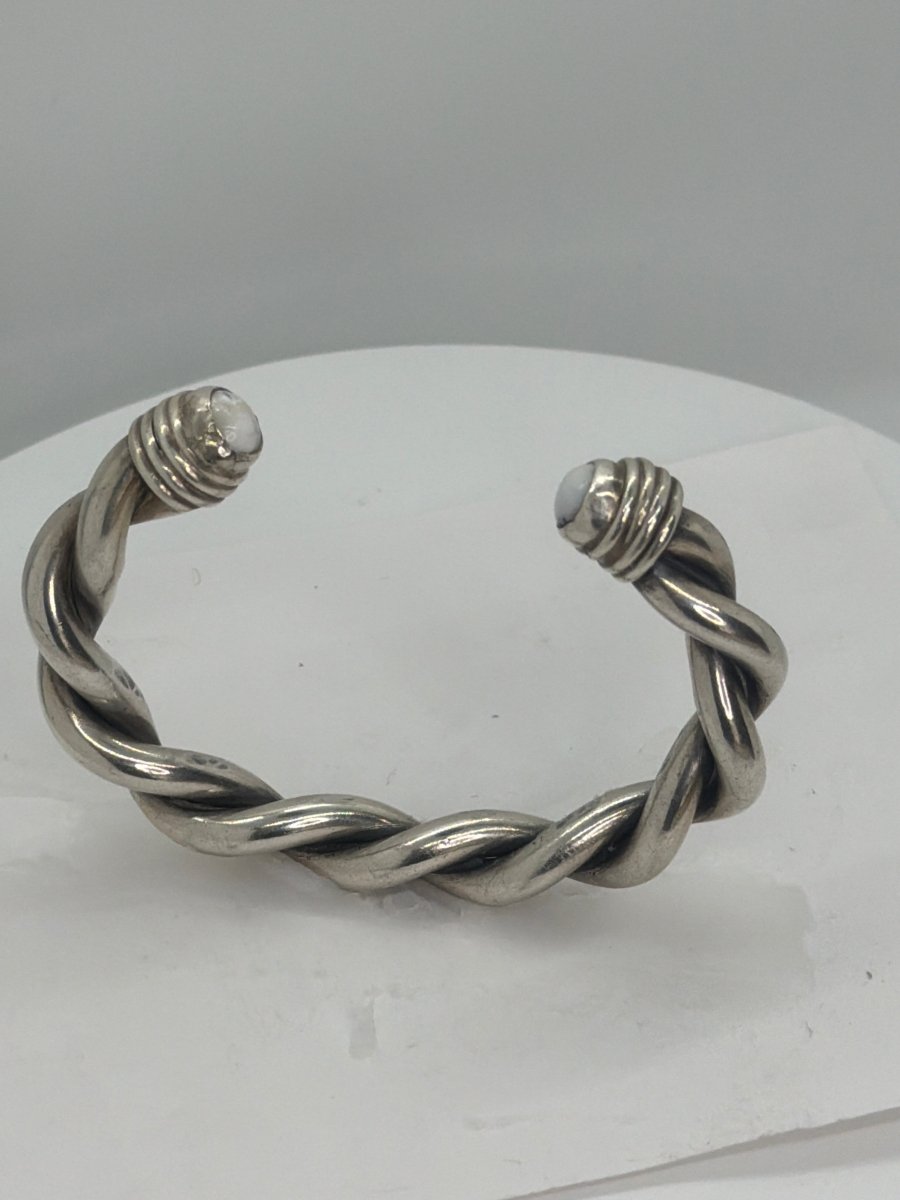 Heavy and Thick Double Twist Cuff Bracelet with White Buffalo Endcap Stones - Turquoise Mustang
