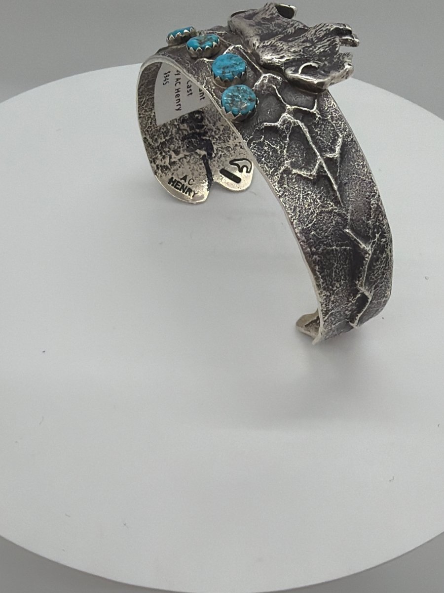 Tufa Cast Sterling Silver Cuff Bracelet with Bison and Corn Motif, by AC Henry - Turquoise Mustang