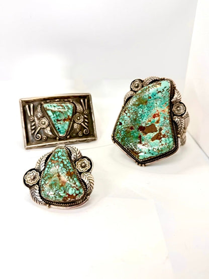 Vintage Navajo Turquoise 3 - Piece Statement Set — Mega Cuff, Ring & Belt Buckle | Sterling Silver Rosette & Leaf Appliqué, Thompson Platero - Turquoise Mustang