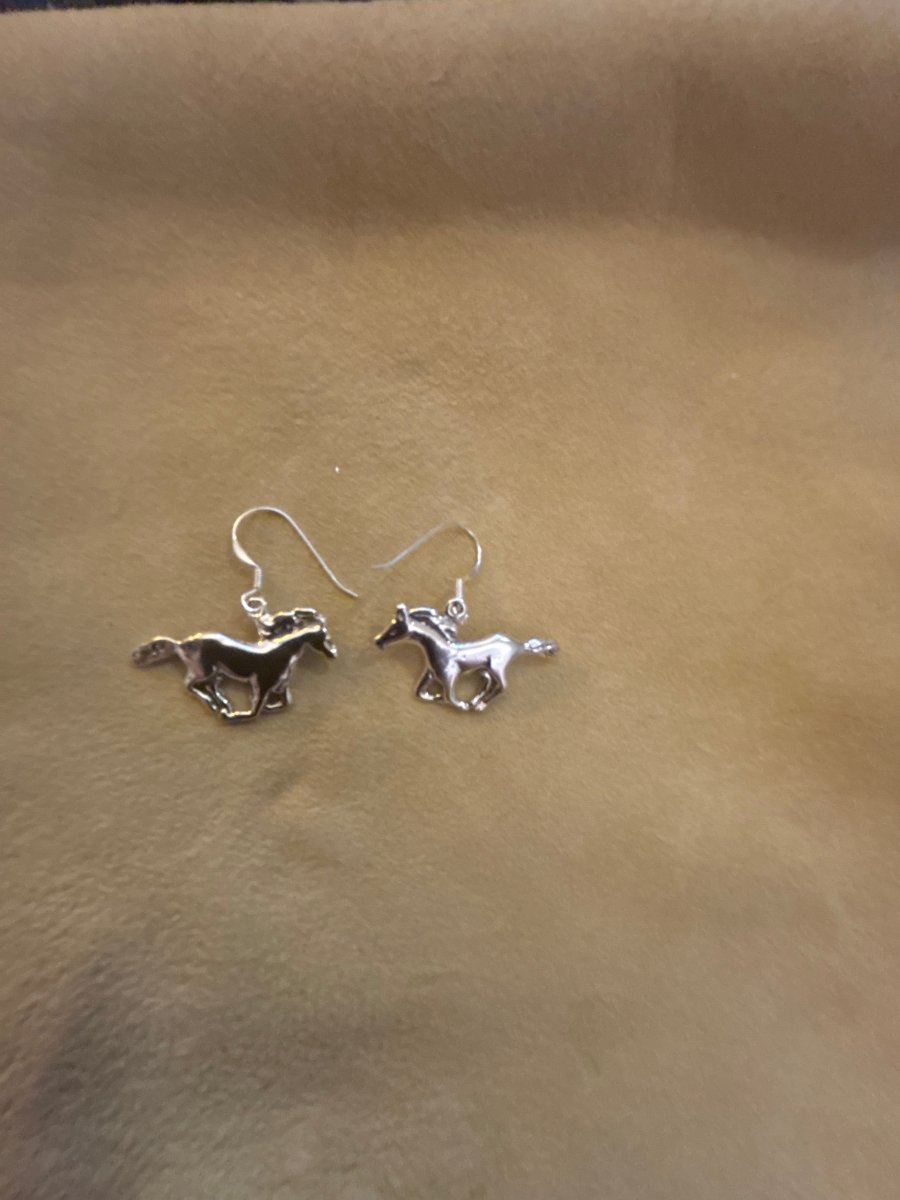 Earring, All Silver, cast mustang horses on hooks, - Turquoise Mustang