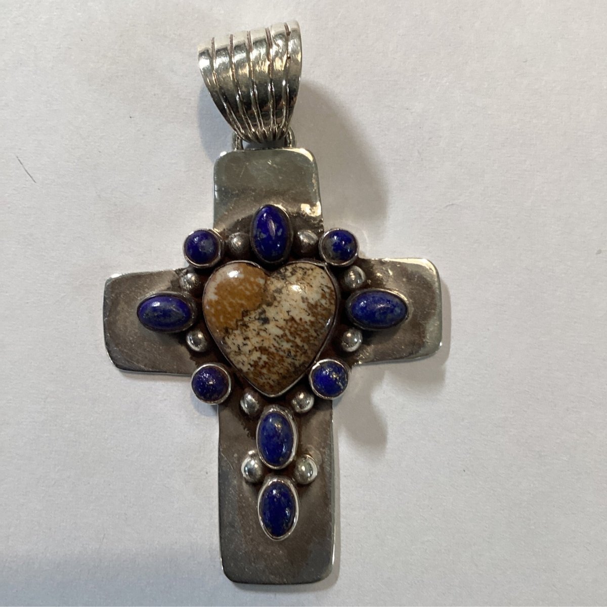 Pendant, Cross, Jasper Heart , 9 bezel set lapis, DD - Turquoise Mustang