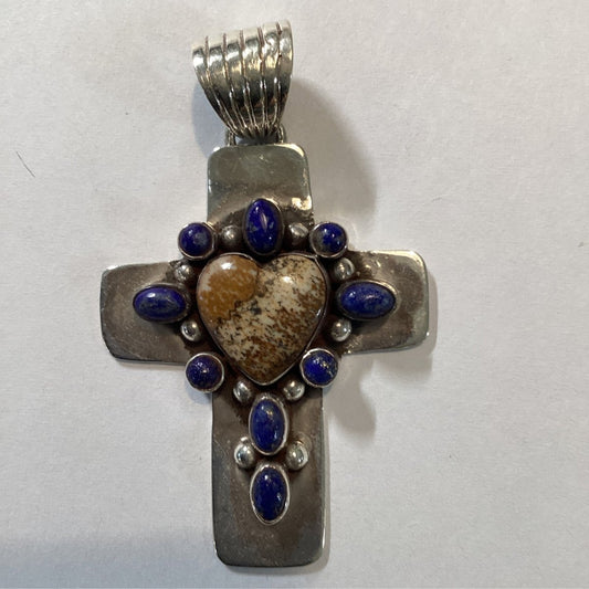 Pendant, Cross, Jasper Heart , 9 bezel set lapis, DD - Turquoise Mustang