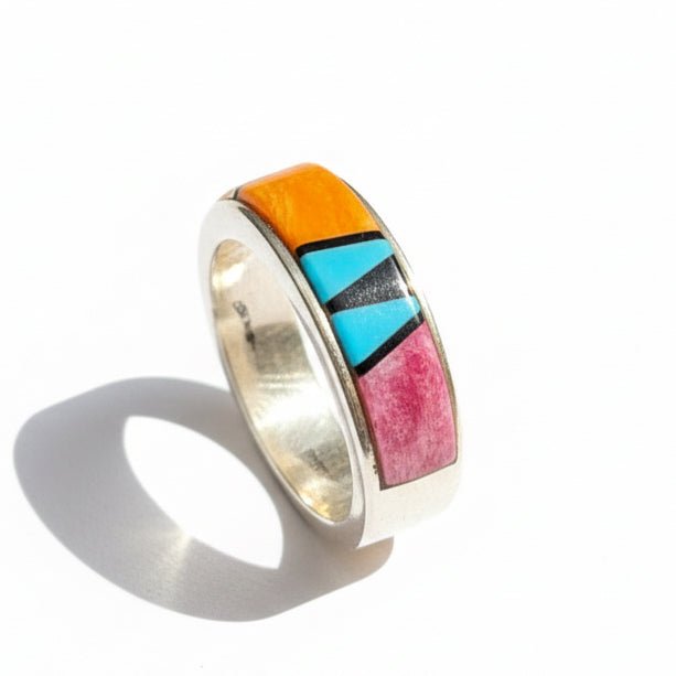 Multi - stone Inlaid Navajo Band Size 5.75 - Turquoise Mustang