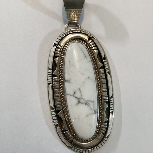Pendant, Large Oval White Buffalo, cut bezel, Rita Lee - Turquoise Mustang