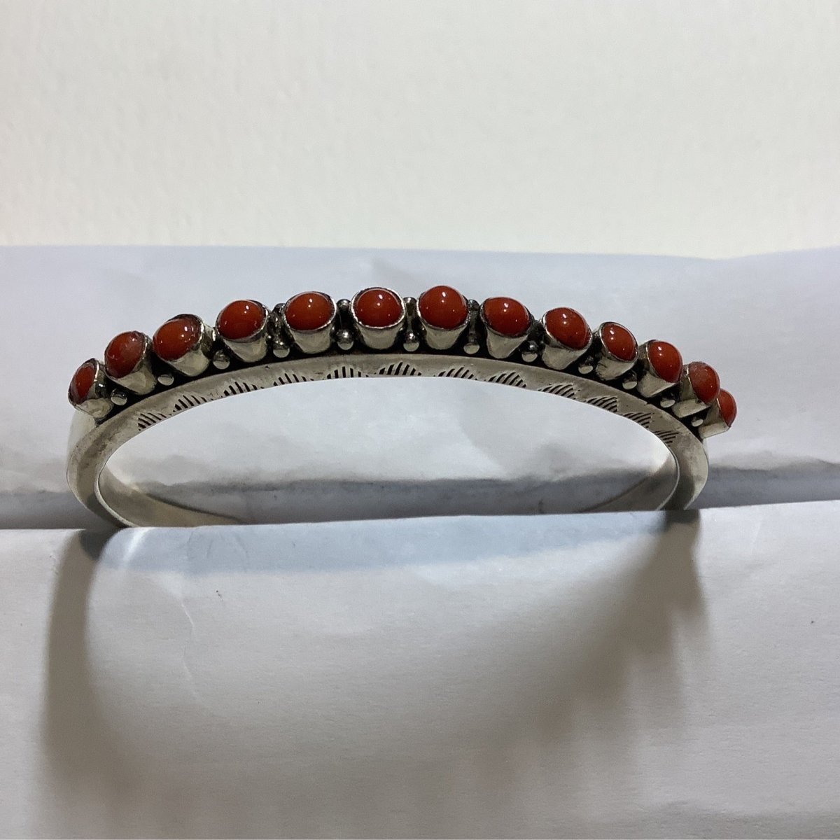 Bracelet, 13 stone Ingot Round Med Coral Cuff, DD (1) - Turquoise Mustang
