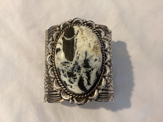 Extra wide cuff, White Buffalo Oval, in Heavy Gauge Sterling Silver by Chris Yazzie - Turquoise Mustang