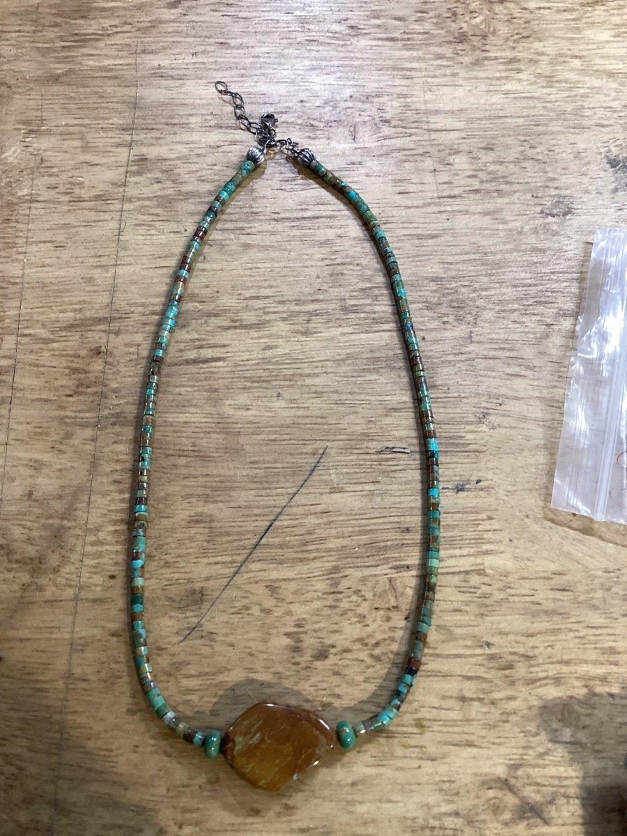 Necklace, 18" Natural Kingman 4mm Turquoise Heishi with Freeform Center bead Turquoise Mustang - Turquoise Mustang
