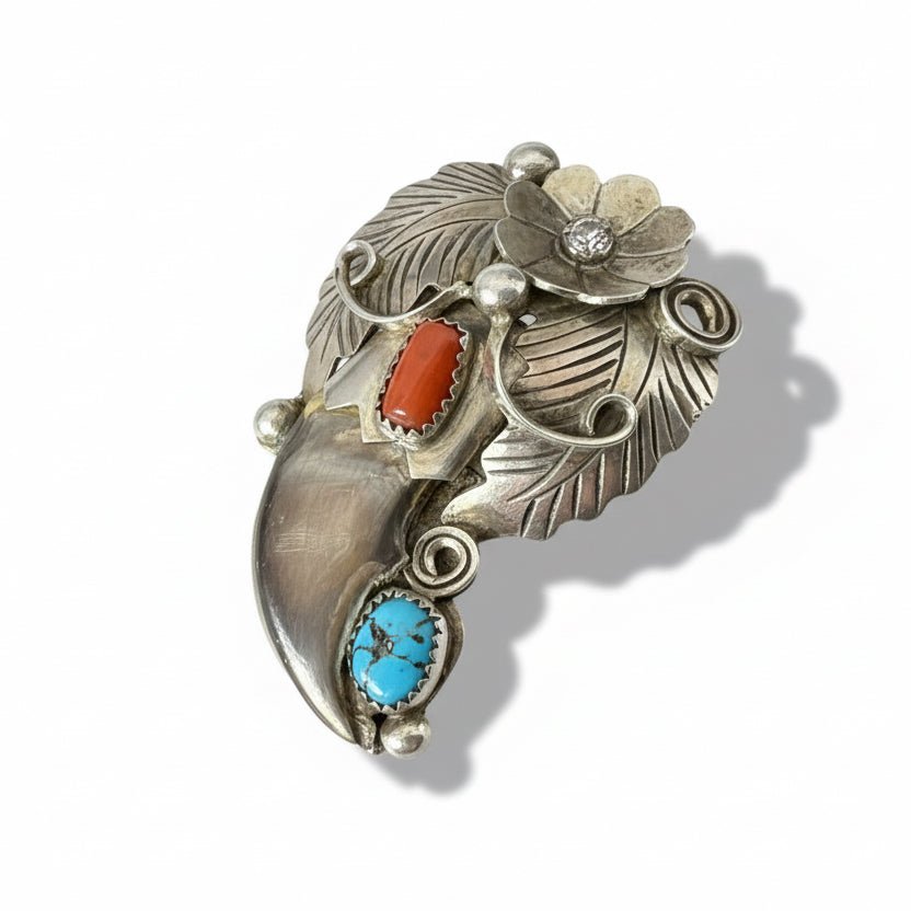 Vintage Navajo Bear Claw Ring with Sleeping Beauty Turquoise and Red Coral, Size 9.75 James Toadelena - Turquoise Mustang