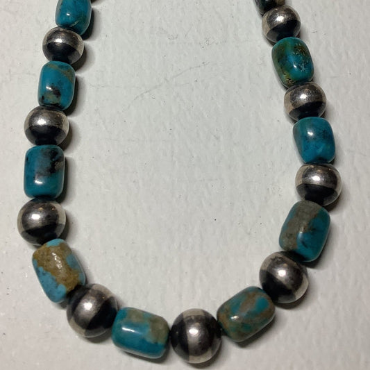 16", 1 - Strand, 10mm Navajo Pearls & Saucers with Potatoes of Natural Highgrade Kingman, Dan Dodson - Turquoise Mustang