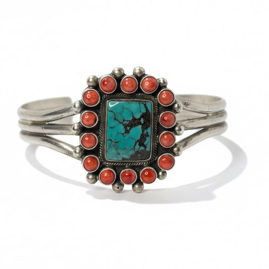 Rosalita 15 - Stone Rectangular Cluster Cuff in Red Spiny Oyster and Green Kingman, Kathleen Livingston - Turquoise Mustang