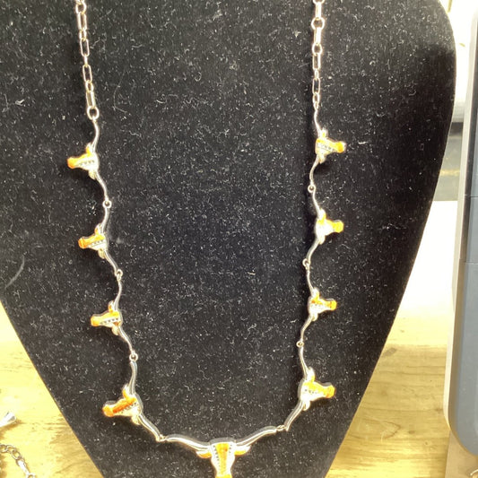 Necklace, inlay cattle skulls, spiny oyster, set with earrings, GL Studios - Turquoise Mustang