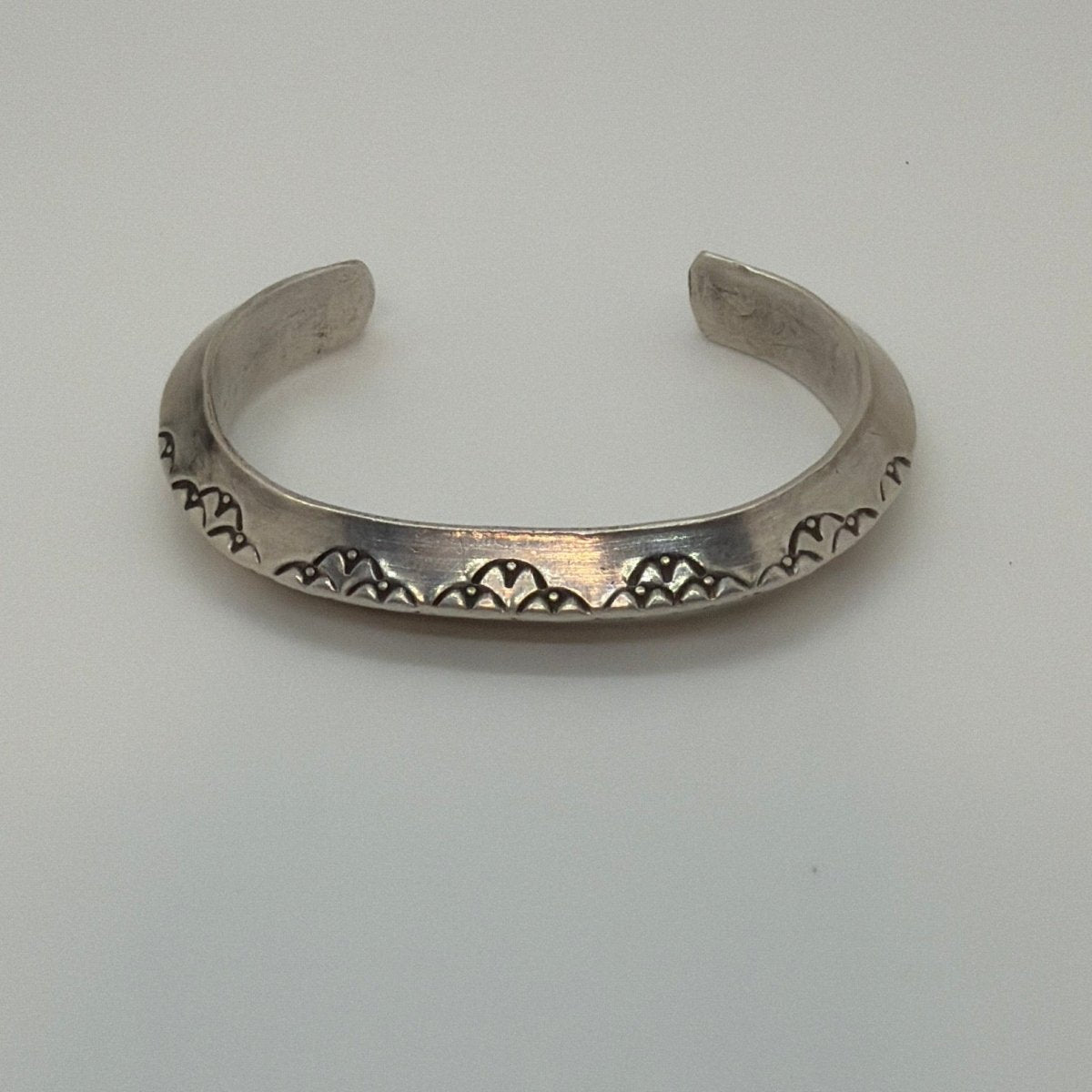Bracelet, Early (circa 1970) heavy triangle wire, stamped cuff attributed to Tahe family - Turquoise Mustang