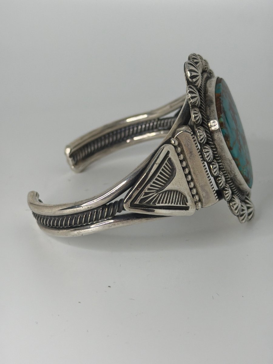Refined Stamp and Overlay Cuff with Freeform Pilot Mountain Turquoise, Leon Martinez - Turquoise Mustang