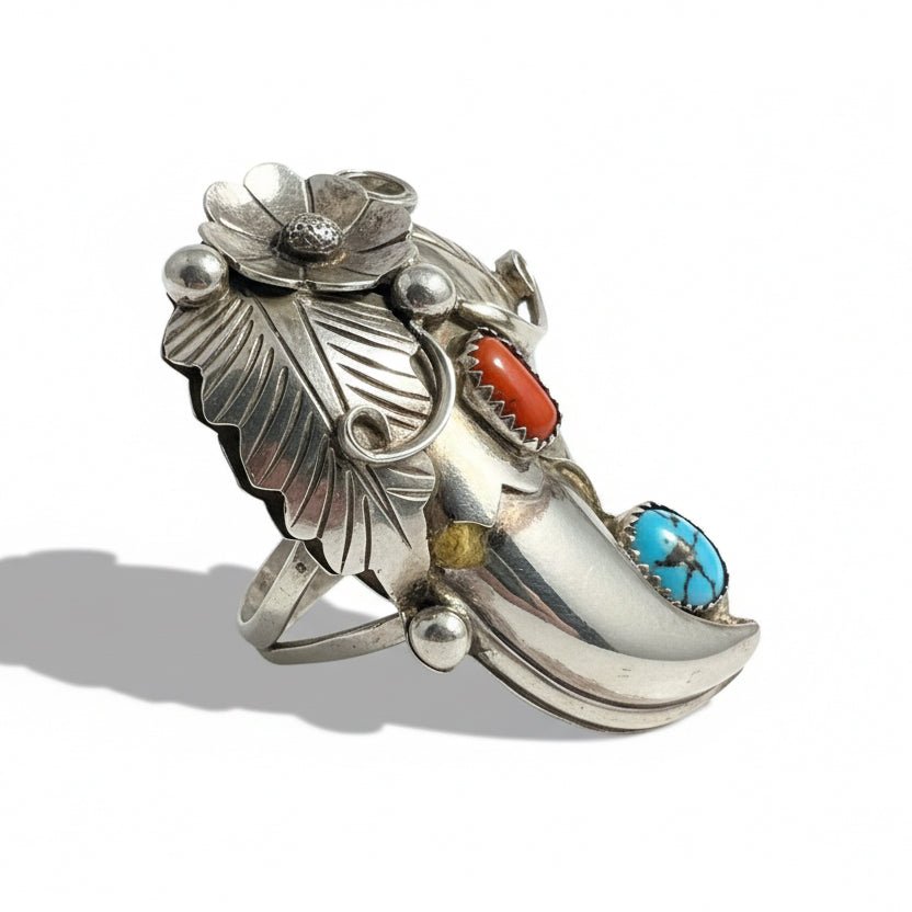 Vintage Navajo Bear Claw Ring with Sleeping Beauty Turquoise and Red Coral, Size 9.75 James Toadelena - Turquoise Mustang