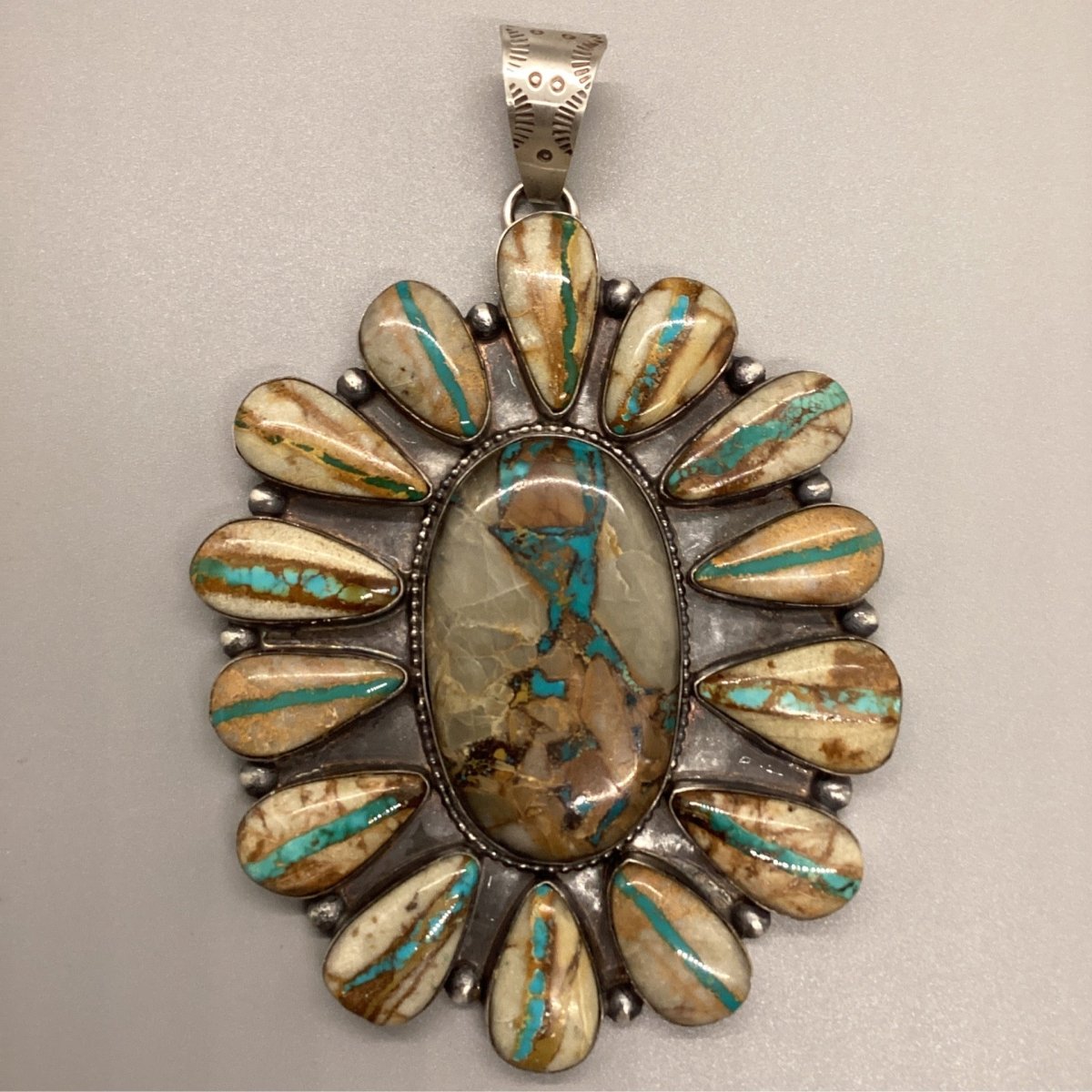 Pendant, 15 stone, Royston Ribbon , Kingman Web, Cluster, 200 ct, Extra Large, Peterson Johnson - Turquoise Mustang