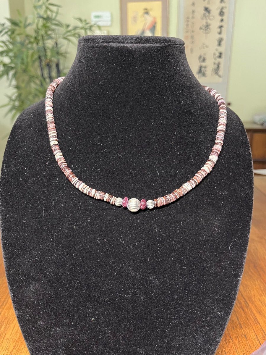 Purple Spiny Heishi Necklace Offset by Sterling Silver Rounds and Deep Red Spiny Oyster Accents. - Turquoise Mustang