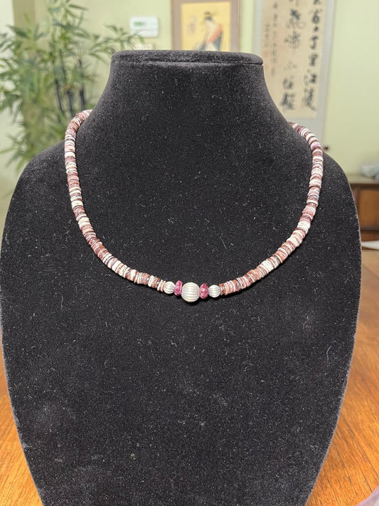 Purple Spiny Heishi Necklace Offset by Sterling Silver Rounds and Deep Red Spiny Oyster Accents. - Turquoise Mustang