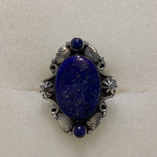 Ring, Lapis, Oval with 2 lapis rounds North & South,Overlay Bezel, DD - Turquoise Mustang