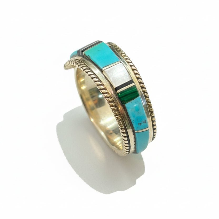 Zuni Multi - Color Inlay Sterling Silver Stacker Ring, Size 13 Deidre Luna - Turquoise Mustang